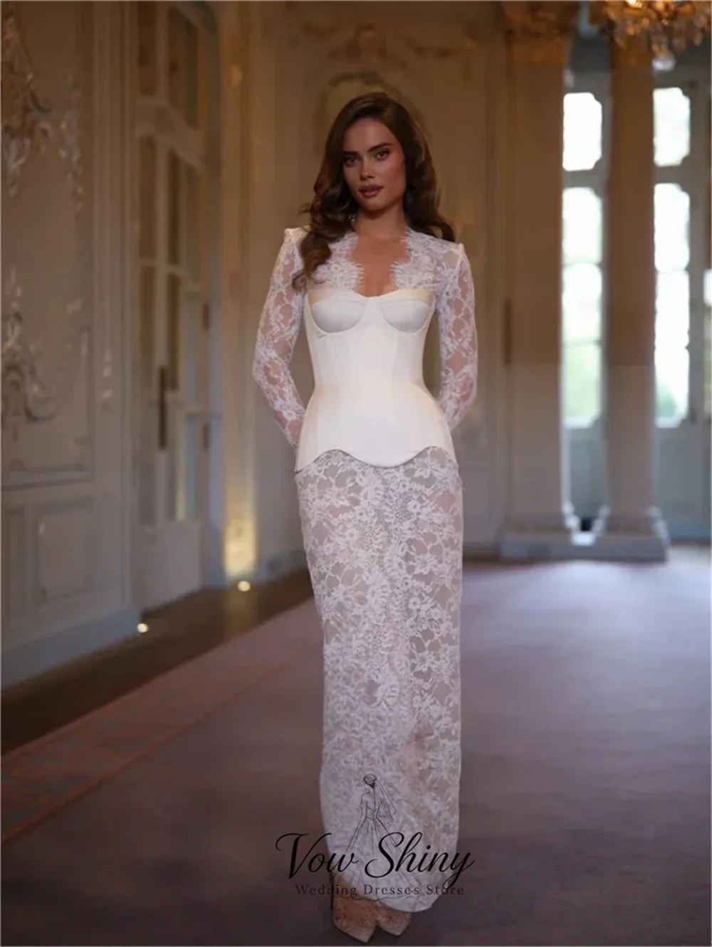 Vow Shiny Classic V Neck Long Lace Sleeve Wedding Dresses For Woman Mermaid Satin Bodice Back Slit Bridal Gown Customized