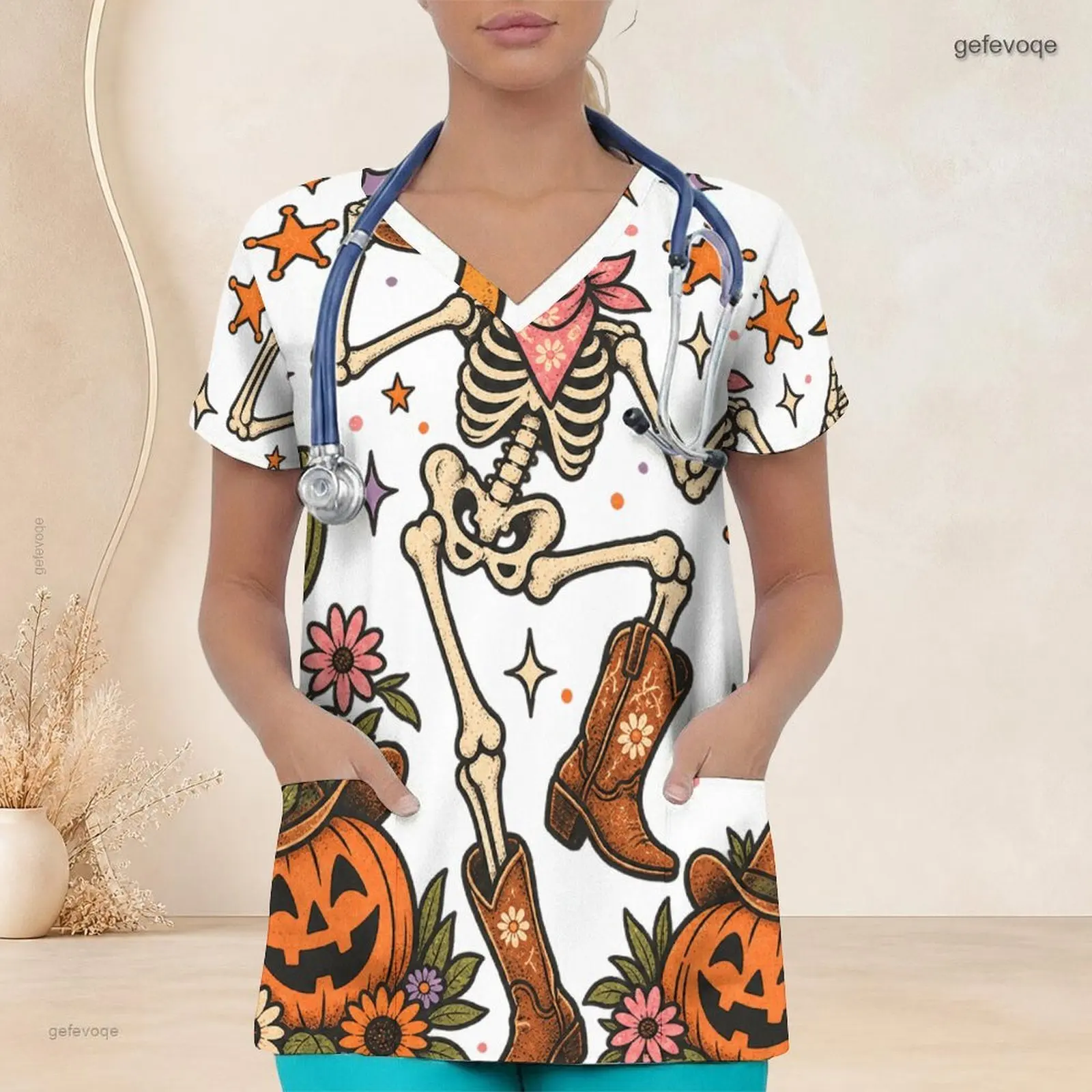 Women V Neck Short Sleeve Printed Scrub Top, Black Witch Cat Jack-O-Lantern Halloween Pattern