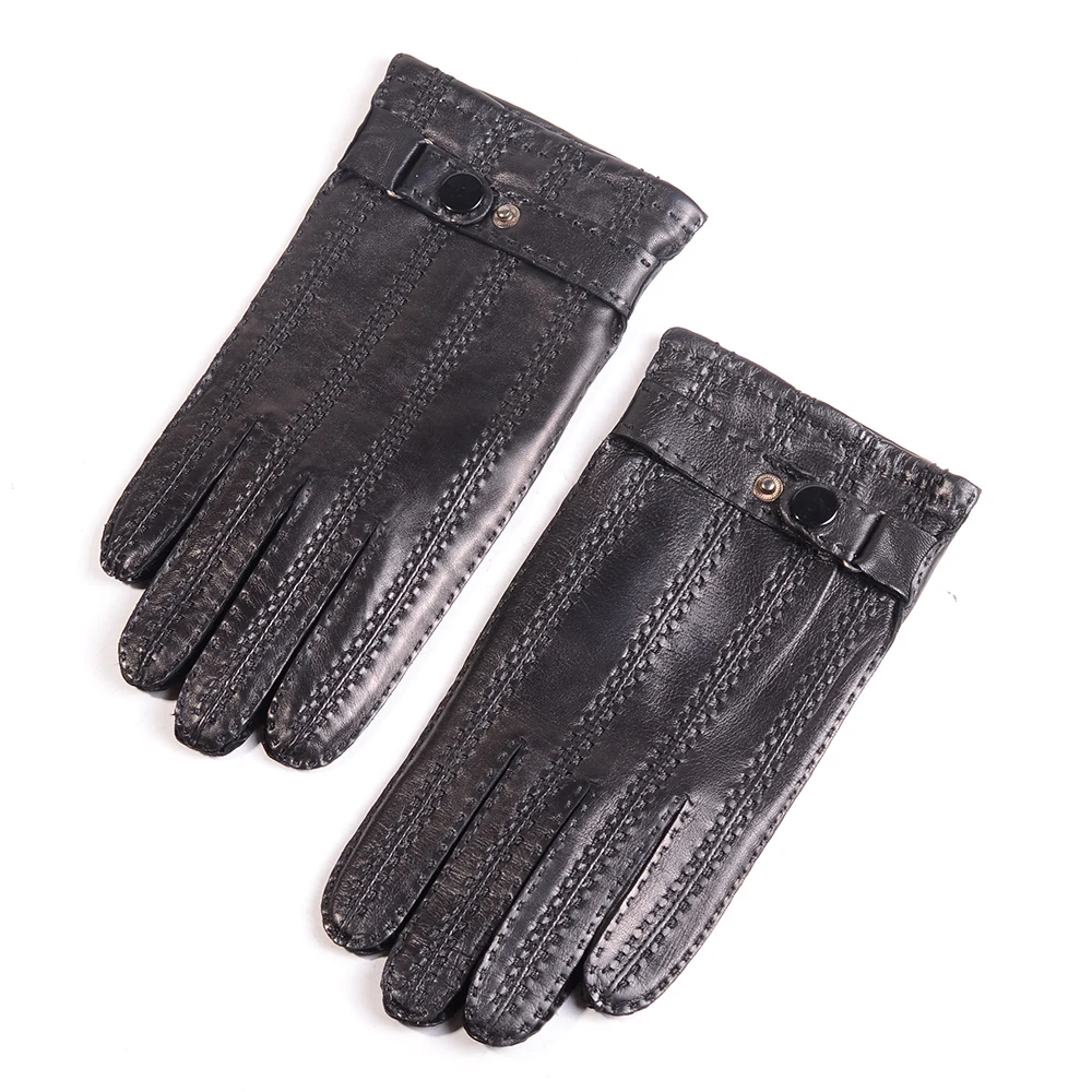 Men's Real Leather LambSkin Wrist Button Winter Fashion Classical Warm Driving Riding Short Outdoor Gloves