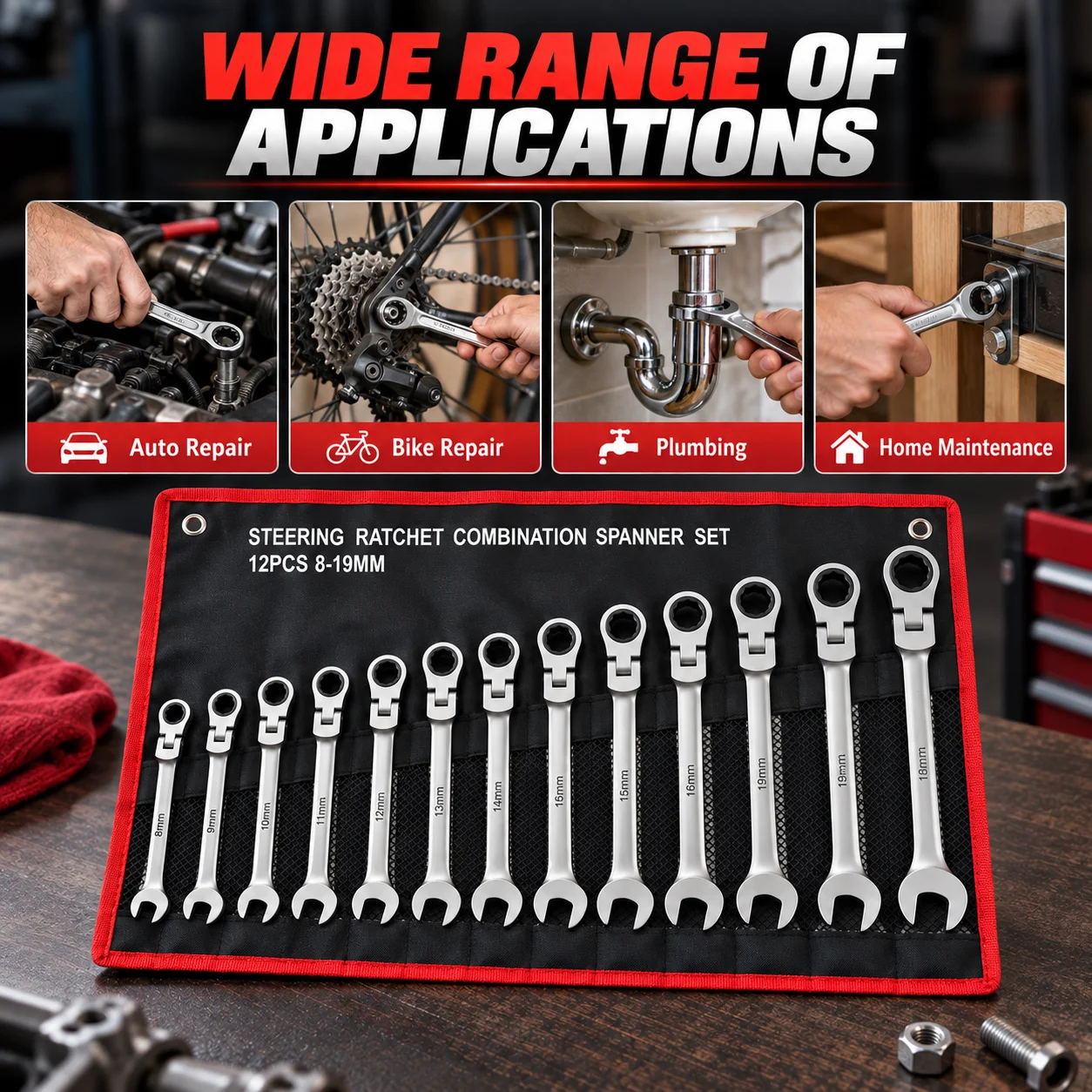 12PCS 8-19mm Ratcheting Combination Wrench Set, CR-V Steel Flex Head Spanners with 72-Tooth Gear and Portable Roll-Up Pouch
