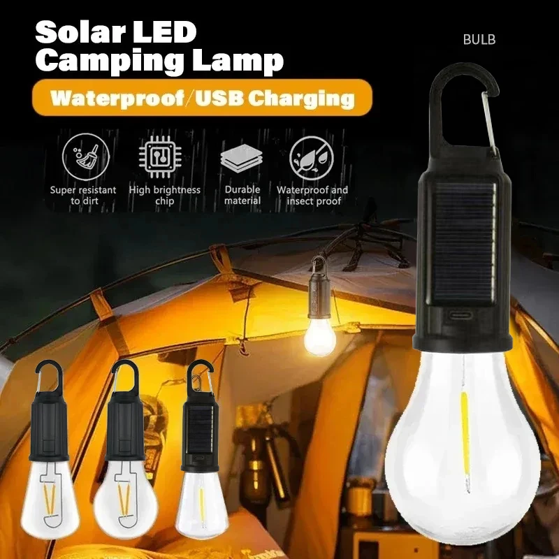Retro Solar Rechargeable Camping Lamp, Multifunctional Handheld Tungsten Filament Atmosphere Light for Outdoor