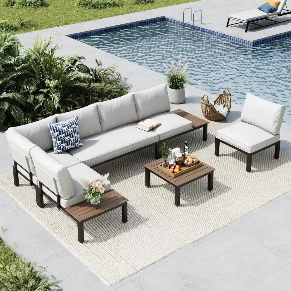 Outdoor Metal Frame Sectional Sofa Conversation Set with Coffee Table,6 Pieces Patio Furniture Set