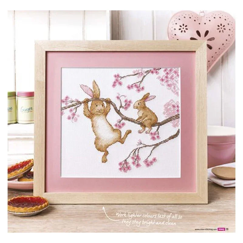 Amishop Gold Collection Lovely Counted Cross Stitch Kit Two Bunnies Bunny Rabbits Rabbit On Peach Tree Pink Blossom