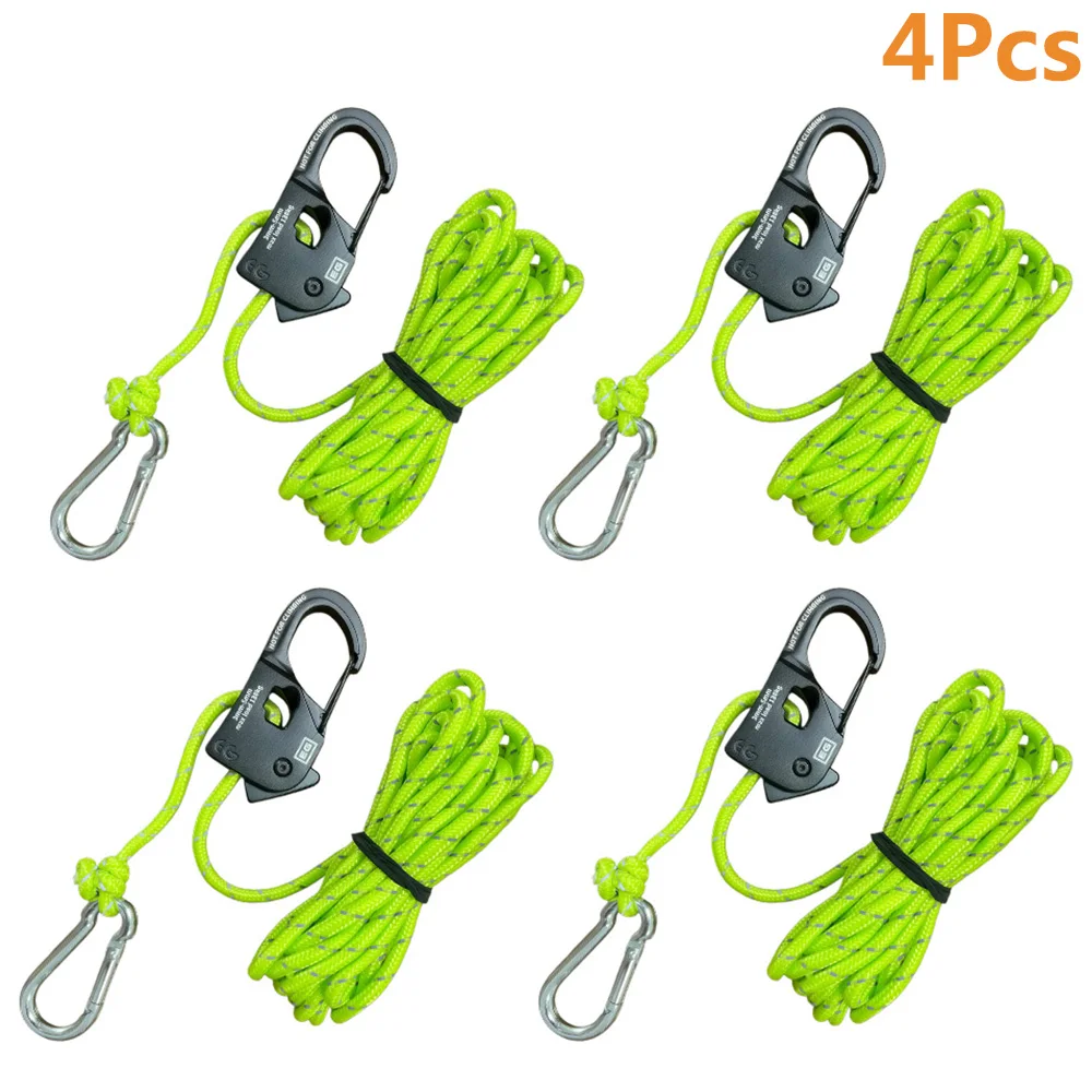 4pcs 4m Camping Tie Down Rope Tent Cord Adjuster Wind Rope Reflective Tightener Fastening Pulley Ratchet Awning Rope Buckle