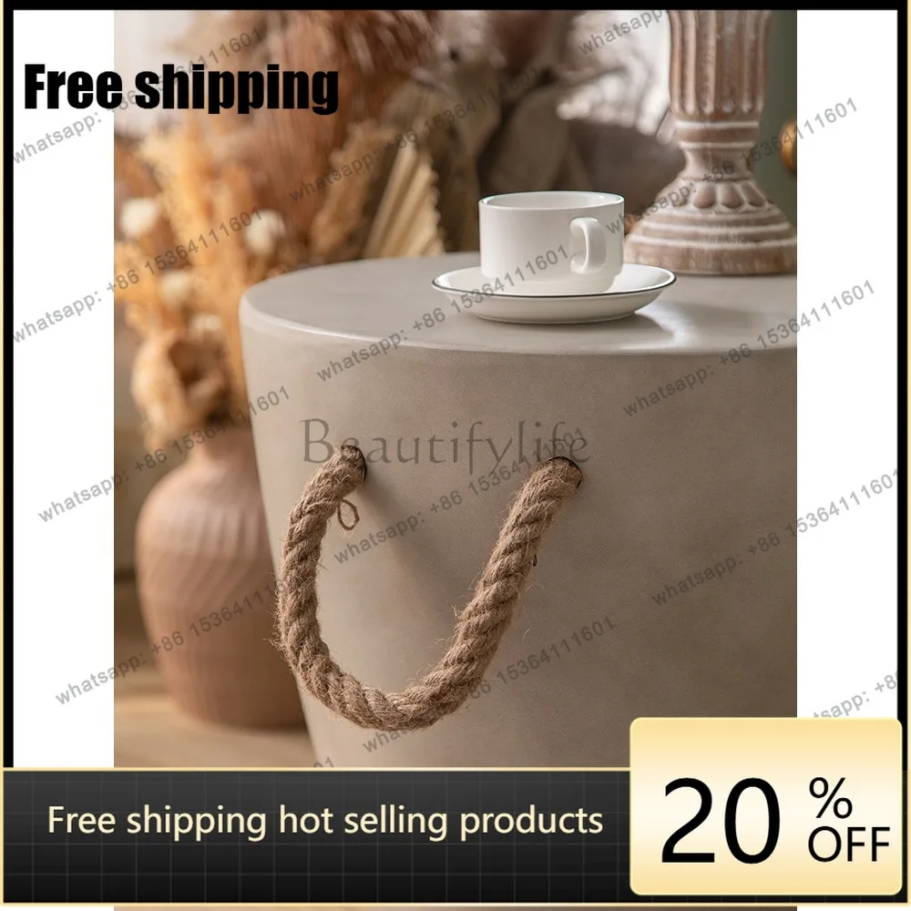 LD French retro sofa side table movable living room round small coffee table art rope art handle