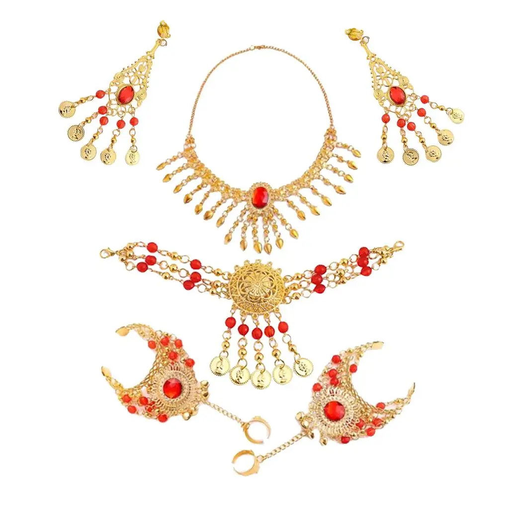 Adjustable Belly Dance Necklace Costume Jewelry Set with Hook Earrings Headpiece and Bracelet for Gypsy Dance Outfit