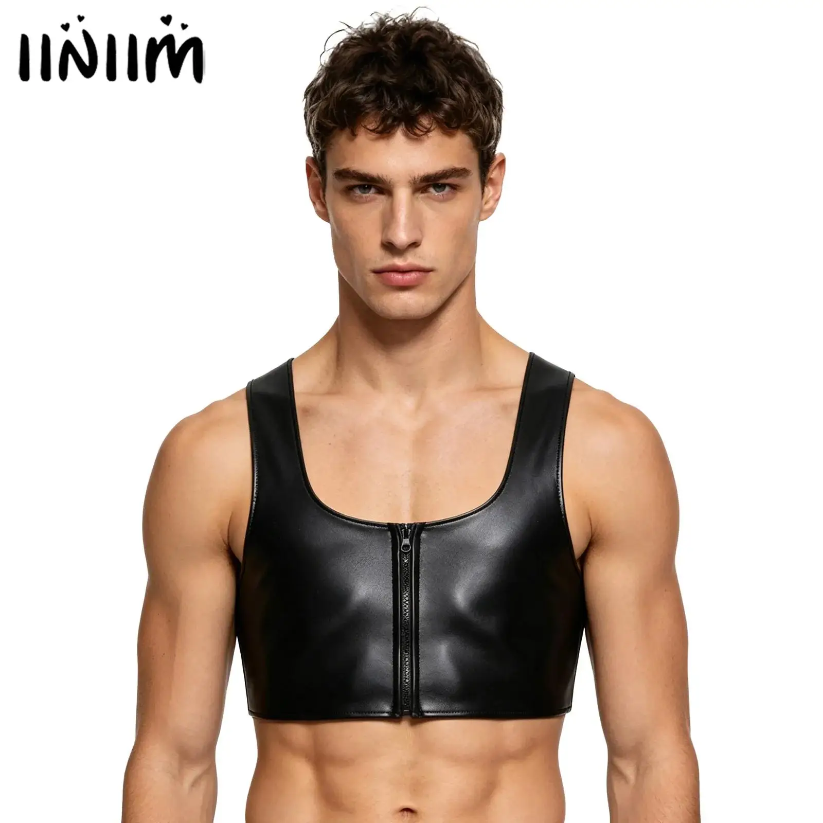 Herren PU-Leder Crop Tank Top Motorrad-Oberbekleidung Tiefer Quadratischer Ausschnitt Vorderer Reißverschluss Mattes Kunstleder Crop Top Club-Weste Disco-Kostüm