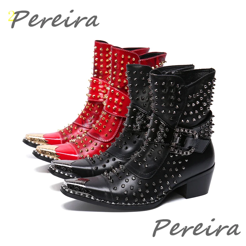 Embroidery Rivet High Heel Chelsea Boots for Men Metal Pointy Toe Luxury Crystal Buckle Knight Boots Genuine Leather Men\'s Shoes