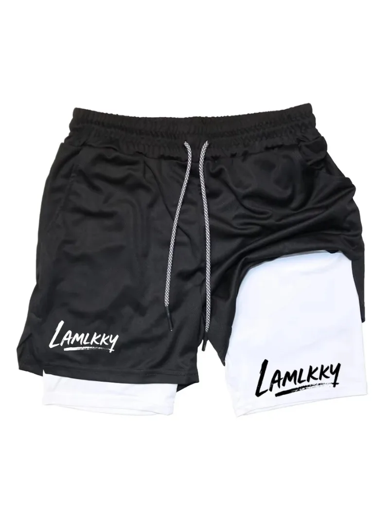 

LAMLKKY Мужские шорты для бега 2-в-1 с принтом, спортивный слой для тренировок в тренажерном зале с карманом для телефона и петлей для полотенец, спортивная спортивная одежда