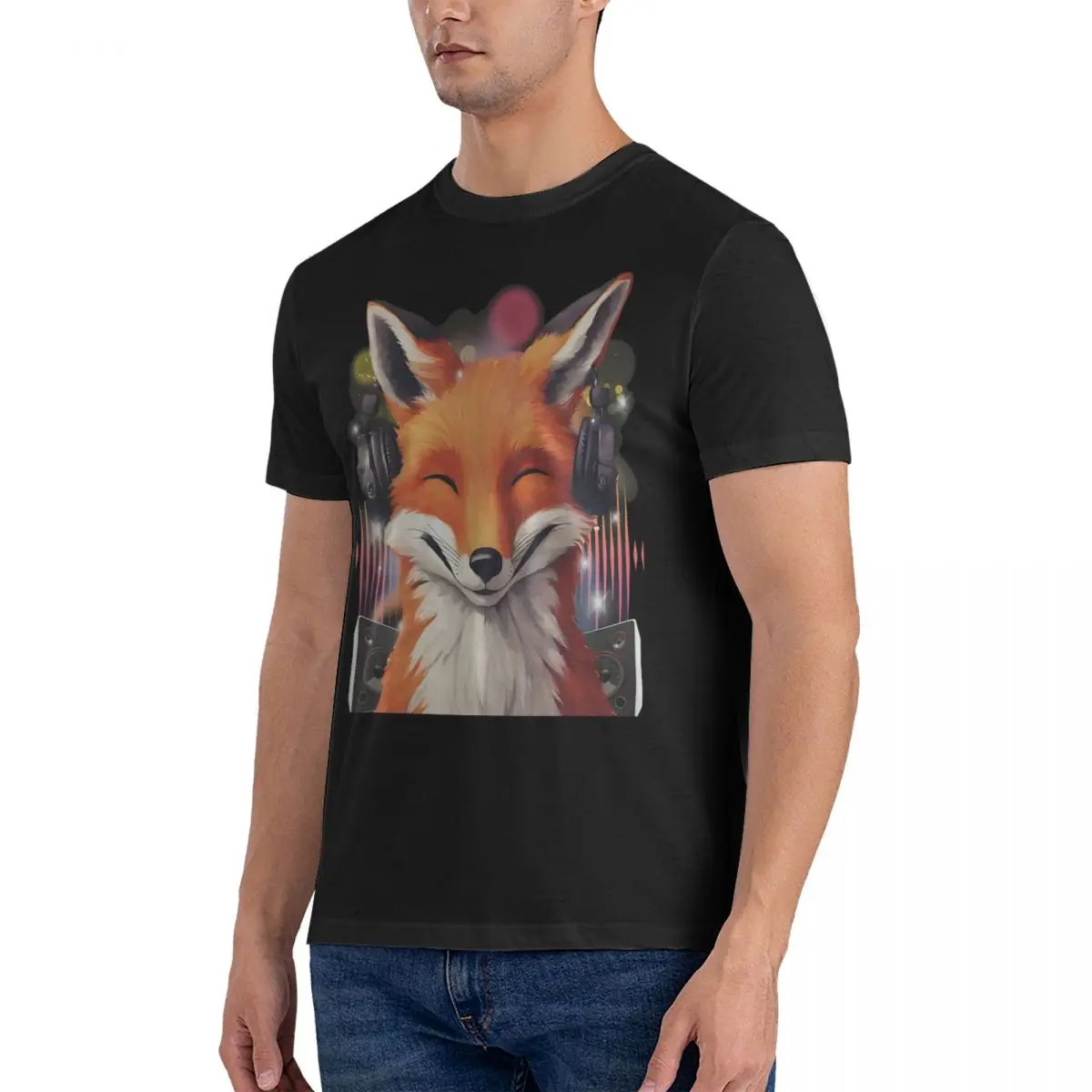 Animal Music T-Shirts Men Smiling Musical Fox Hipster Cotton Tees Crewneck Short Sleeve T Shirt Adult Clothes