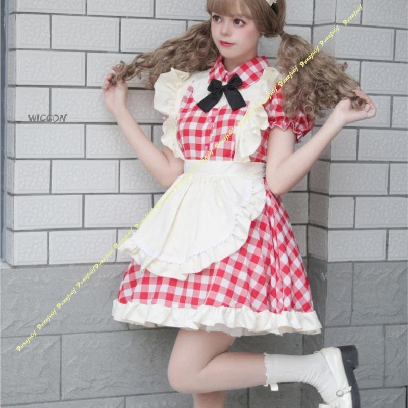Disfraces de Cosplay para niñas, bonito vestido de sirvienta corto a cuadros, falda, uniforme de Lolita, lazo rojo y negro, accesorios para mujeres, Navidad y Halloween