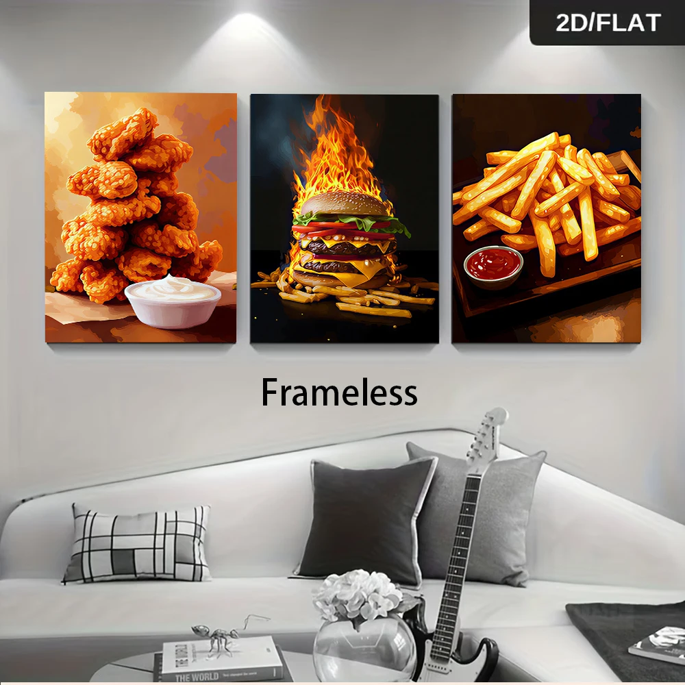 1 set of frameless triptych decorative paintings featuring fried chicken, fries, and hamburgers (2D flat design)