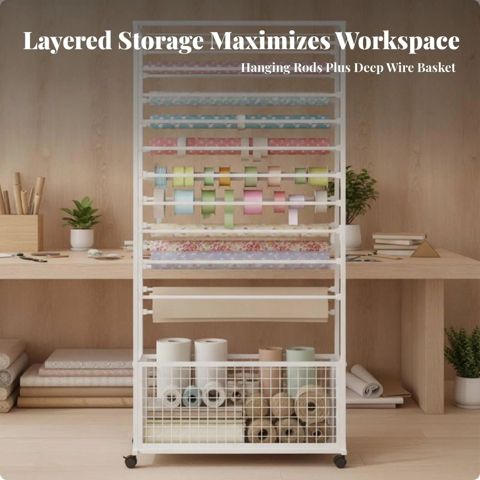 Portable Ribbon Rack for Gift Wrap and Craft Supplies Metal Storage Stand with Caster Wheels
