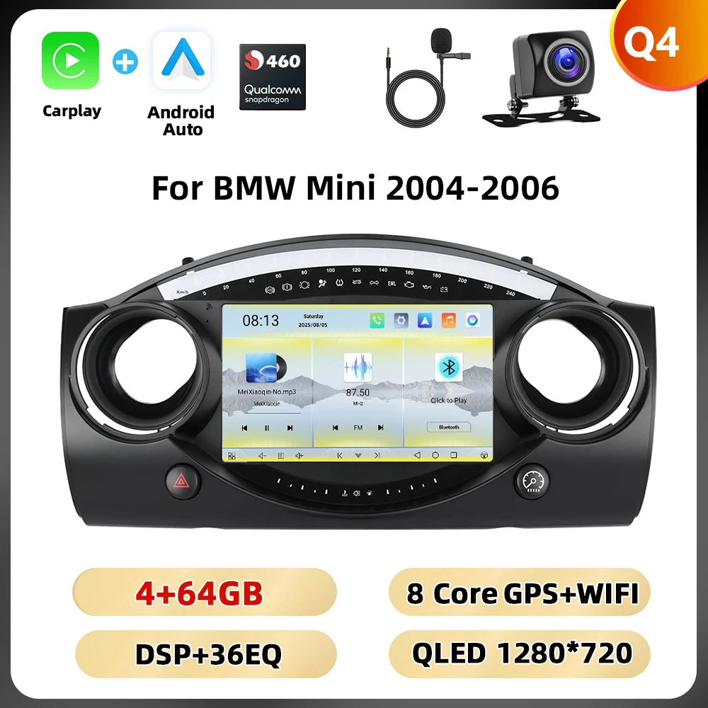 Podofo 8+128G 8-core autoradio voor BMW Mini 2004-2006 multimediaspeler Android Auto Carplay WIFI 4G Qualcomm AI spraakbesturing auto-audio