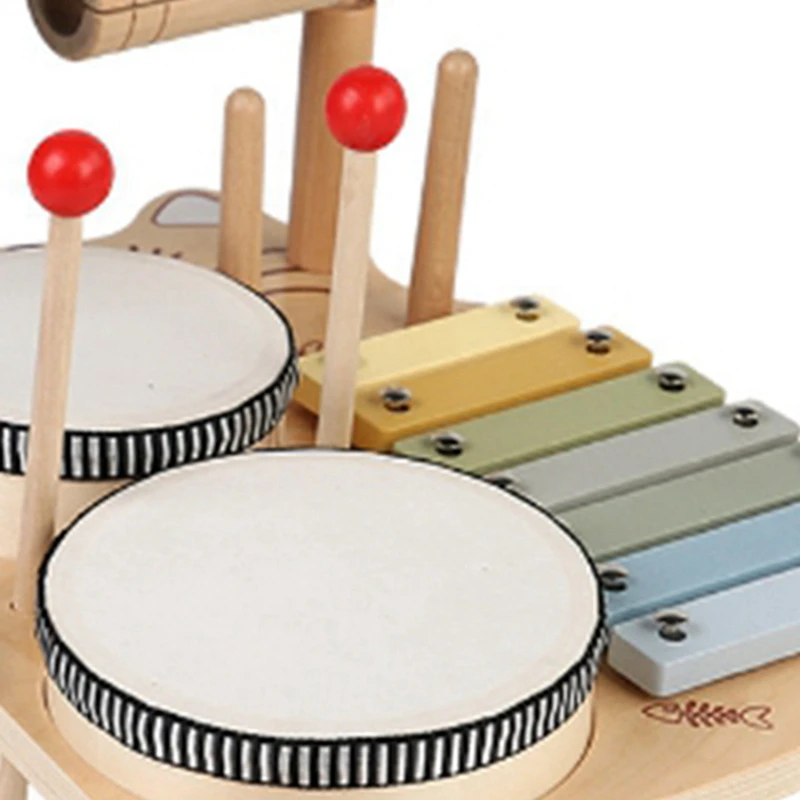 Kids Drum Set For Toddlers Wooden Early Education Beginner Percussion Music Table Children's Drum Rack Set Durable Easy To Use