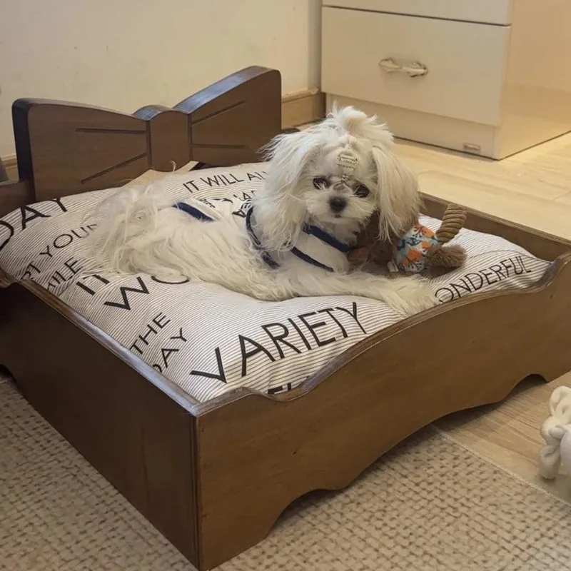 Solid wood pet bed bow cat and dog bed, universal in all seasons, pet nest wooden bed c