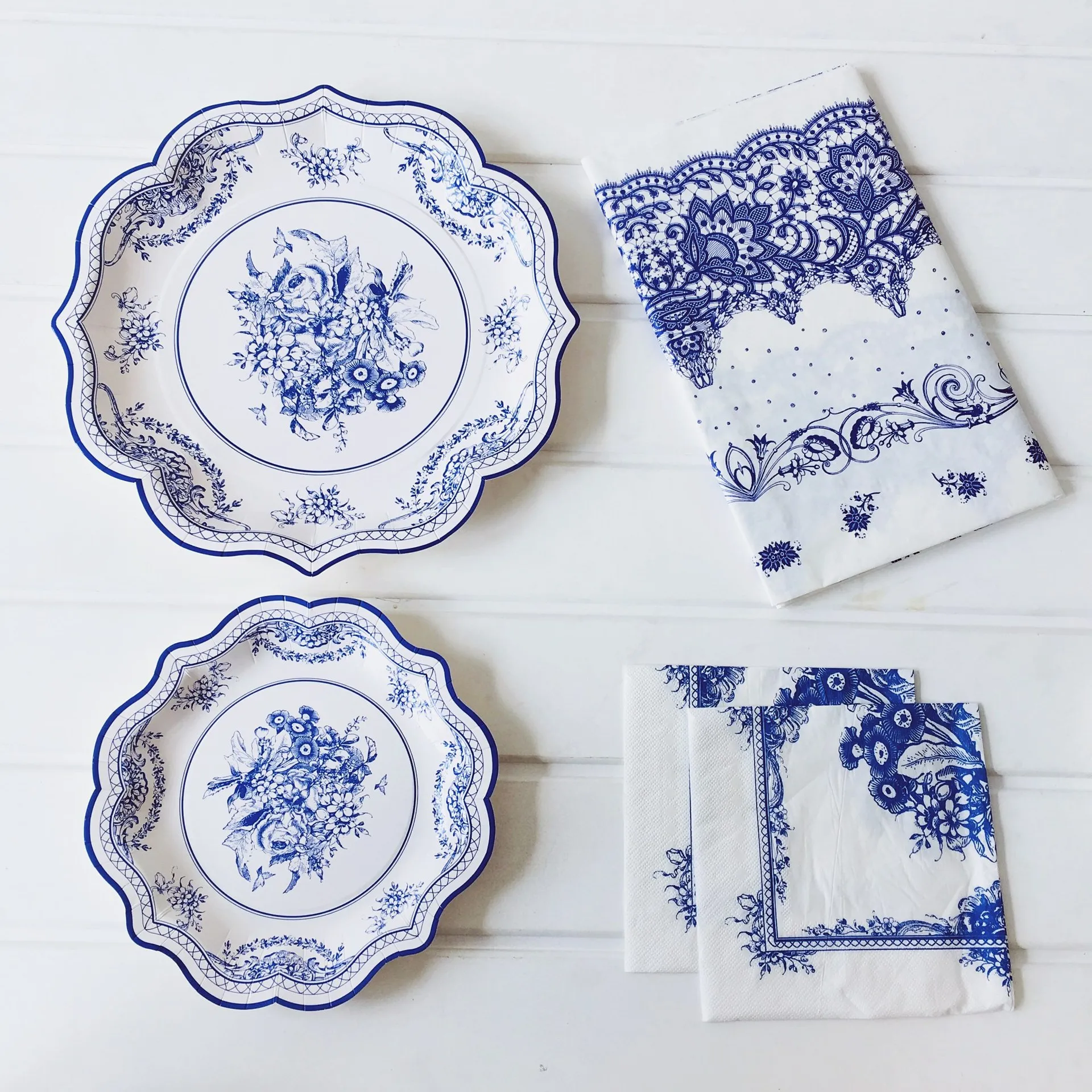 Chinoiserie Party Supplies Disposable Paper Dinner Plate Cup Napkin  Tableware Set blue and white ceramic plates 50 sets