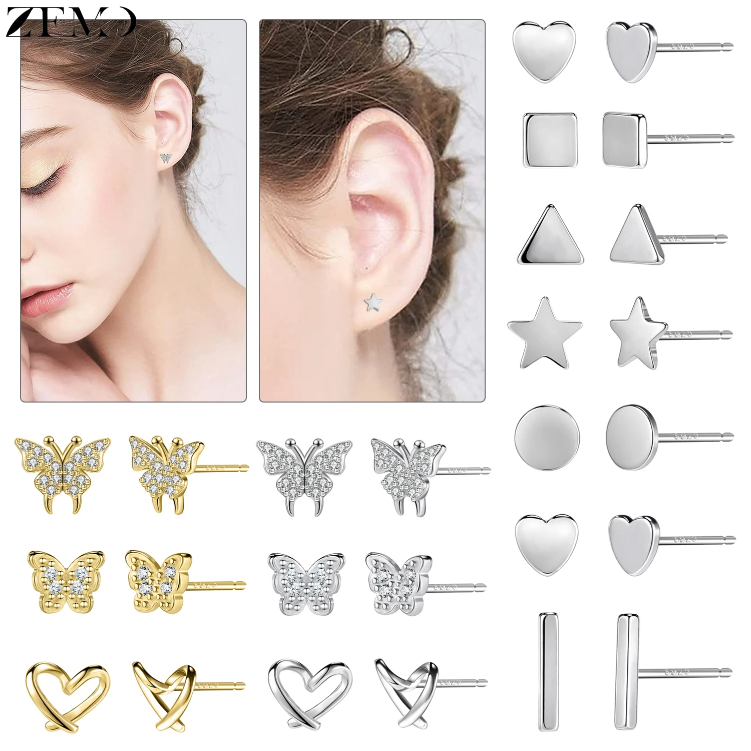 

ZEMO 1 Pair 925 Sterling Sliver Studs Earrings Women Men CZ Crystal Ear Studs Heart Star Butterfly Tragus Helix Piercing Jewelry