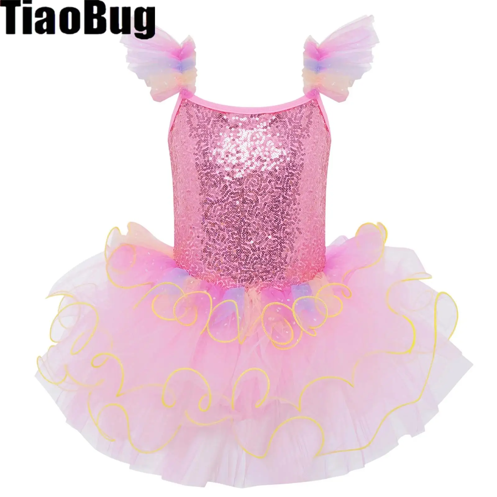

Teen Girls Ballet Dance Dress Gymnastic Leotard Ruffle Sleeves Sequin Bodice Layered Tulle Dress Ballerina Performance Dancewear