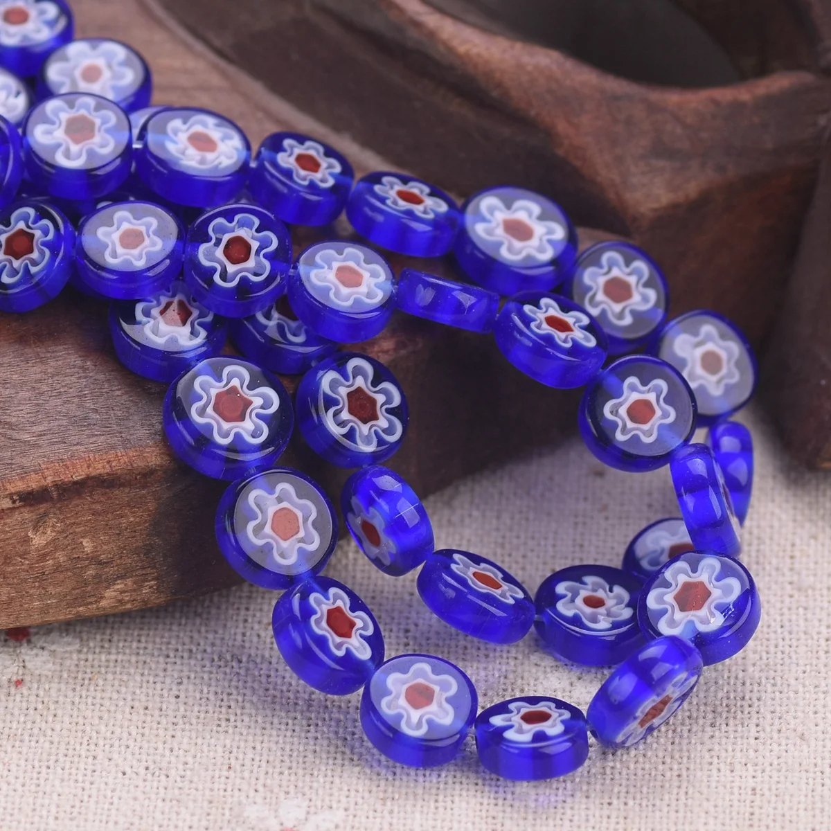 

35pcs(1 Strand) Flat Round 10mm Deep Blue Flower Handmade Millefiori Glass Loose Beads Lot For Jewelry Making DIY Craft Findings