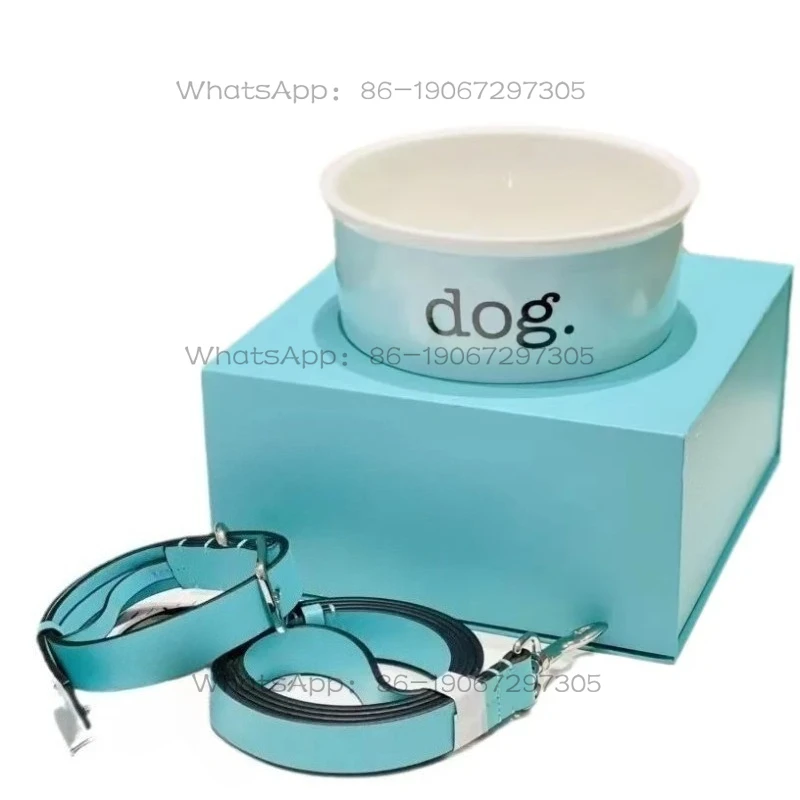 Pet Three-piece Bone Dog Bowl Cat Bowl Rice Basin Contains 17.5CM Collar Traction Rope Gift Box