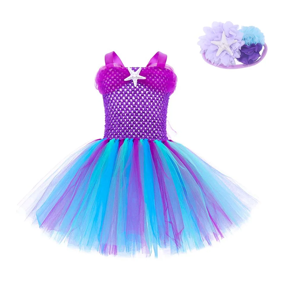 Princess Girl Little Mermaid Costume Tutu Dress Baby Birthday Party Kids Summer Clothing Girl Tulle Dresses Children Beach Dress