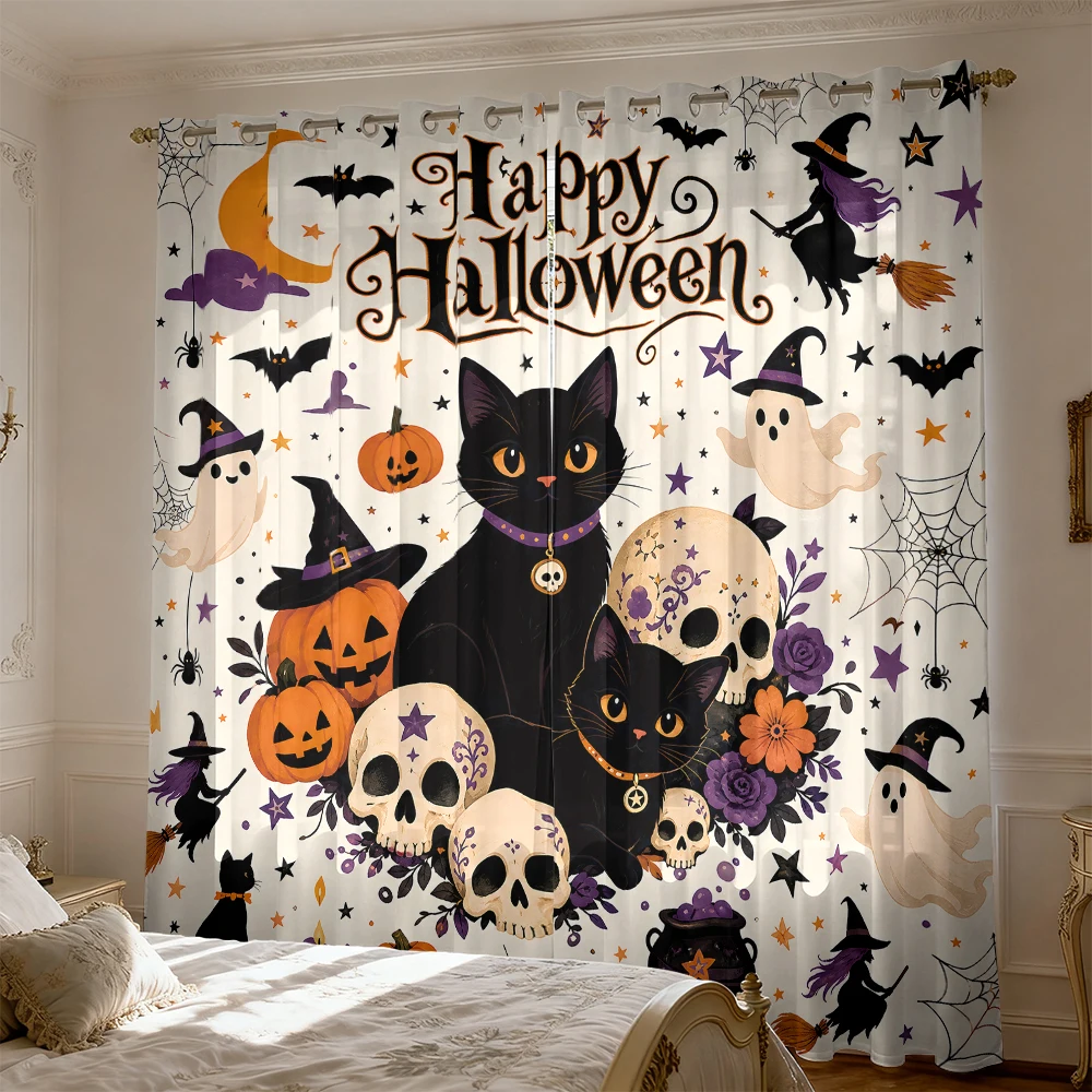 Vintage Halloween Black Cat Skull Pumpkin 2pcs 90g Polyester Curtains Retro Spooky Drapes Gothic Holiday Home Decor