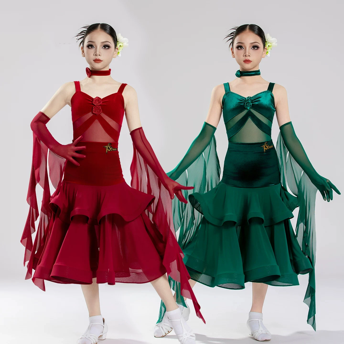 Children Waltz Ballroom Dance Performance Dress Girls Mesh Fishbone Split Suit Kids Modern Dance Practice Stage Clothing DN24567