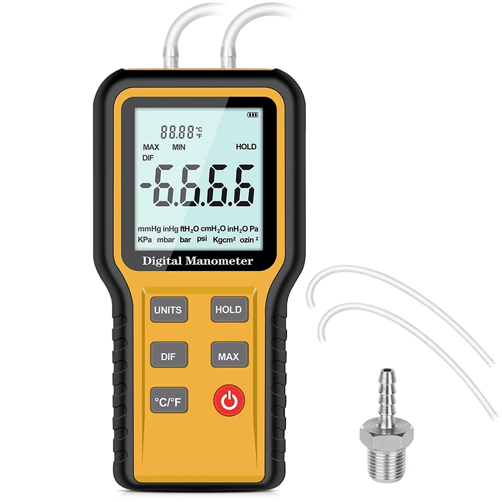 

Digital Pressure Gauge Dual Port Pressure Gauge Air Pressure Tester 12 Optional Units Differential Pressure Gauge