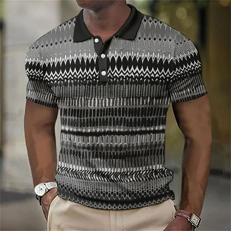 3D Printed Vintage Polo Shirt For Men Color Block Stripes Pattern T-Shirt Summer Casual Oversized Tees Short Sleeves Lapel Tops