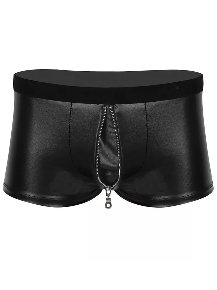 S-5XL Faux PU Leather Boxershorts Zipper Open Crotch Shorts Mens Boxer Briefs Tights Convex Pouch Calzoncillo Underwear Trunks