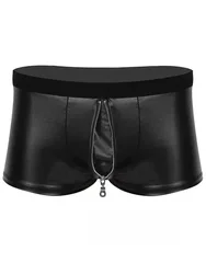 S-5XL Faux PU Leather Boxershorts Zipper Open Crotch Shorts Mens Boxer Briefs Tights Convex Pouch Calzoncillo Underwear Trunks