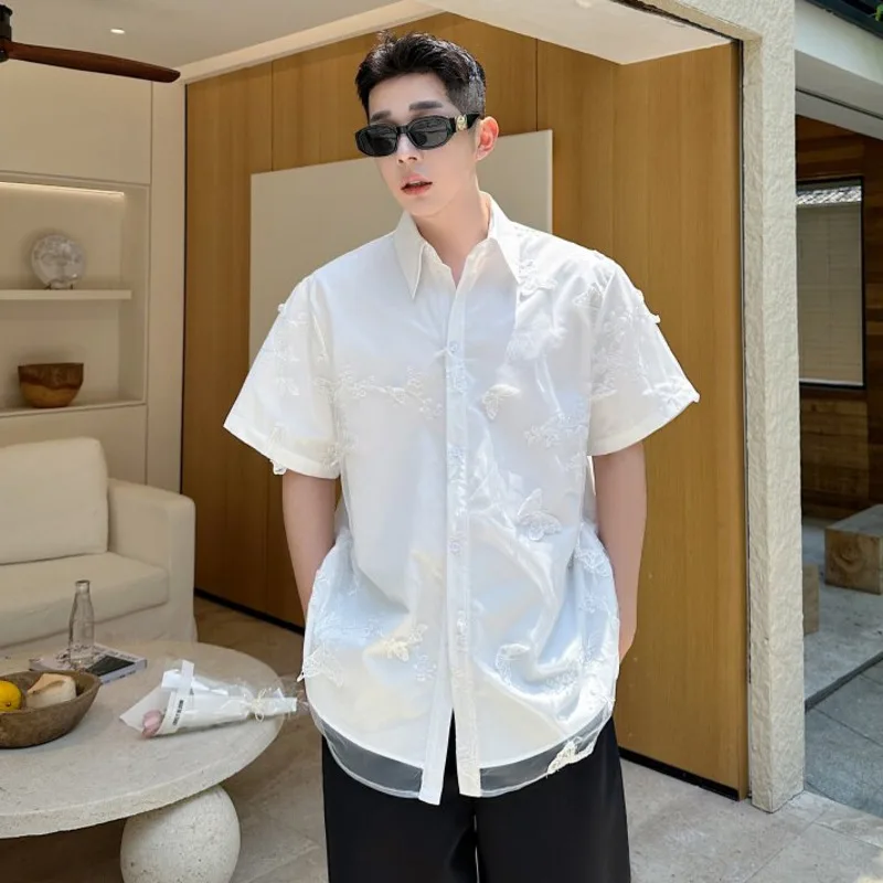 WVGA New Men's Summer High Street Two-Piece Mesh Trendy Design Short Sleeve Shirt Niche Chic Casual Turn-Down Collar Tops W23580