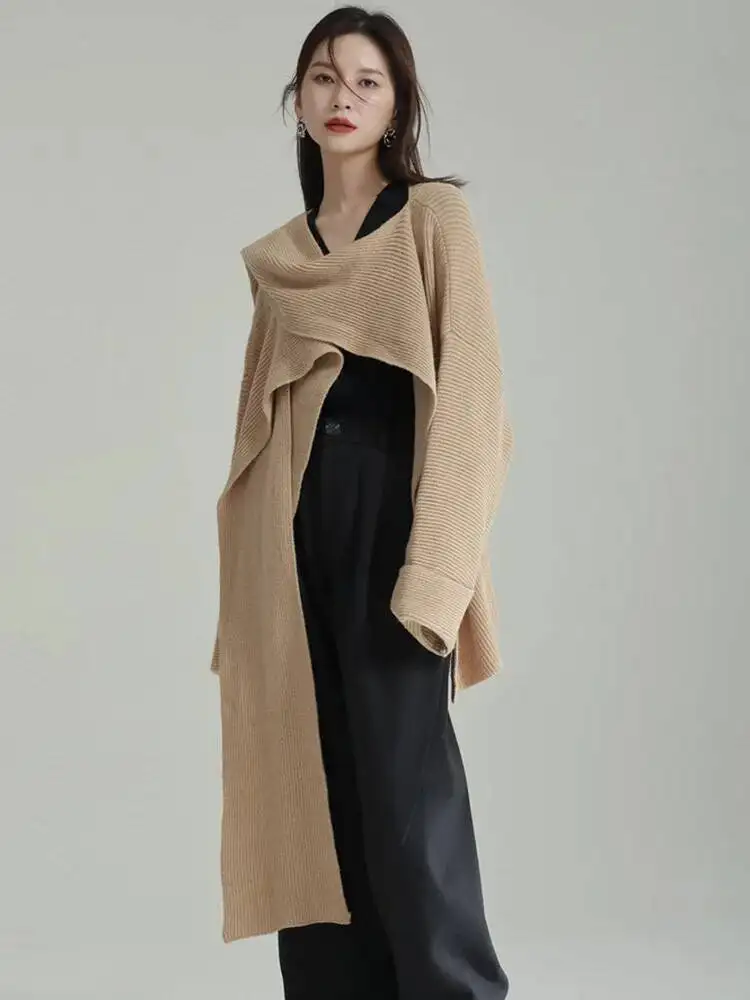

Khaki Irregular Long Knitting Cardigan Sweater Loose Fit V-Neck Long Sleeve Women New Fashion Spring Autumn
