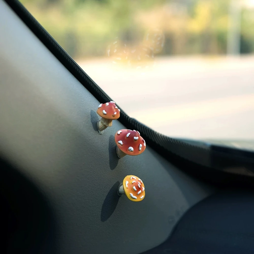 3Pcs Little Mushrooms Miniatures Car Dashboard Rearview Mirror Decorations,Cute Car Interior Decor Funny Gift