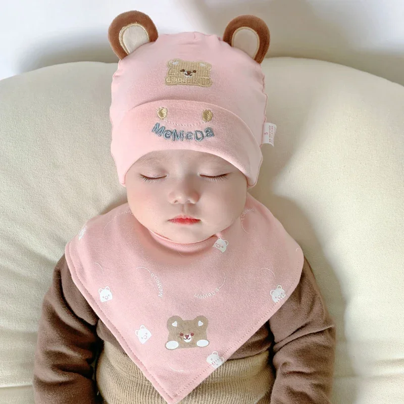 2pcs/Set Bear Baby Beanie Hat Scarf Set Cotton Newborn Hats for Girls Boys Baby Cap Cartoon Infant Toddler Bonnet Hats