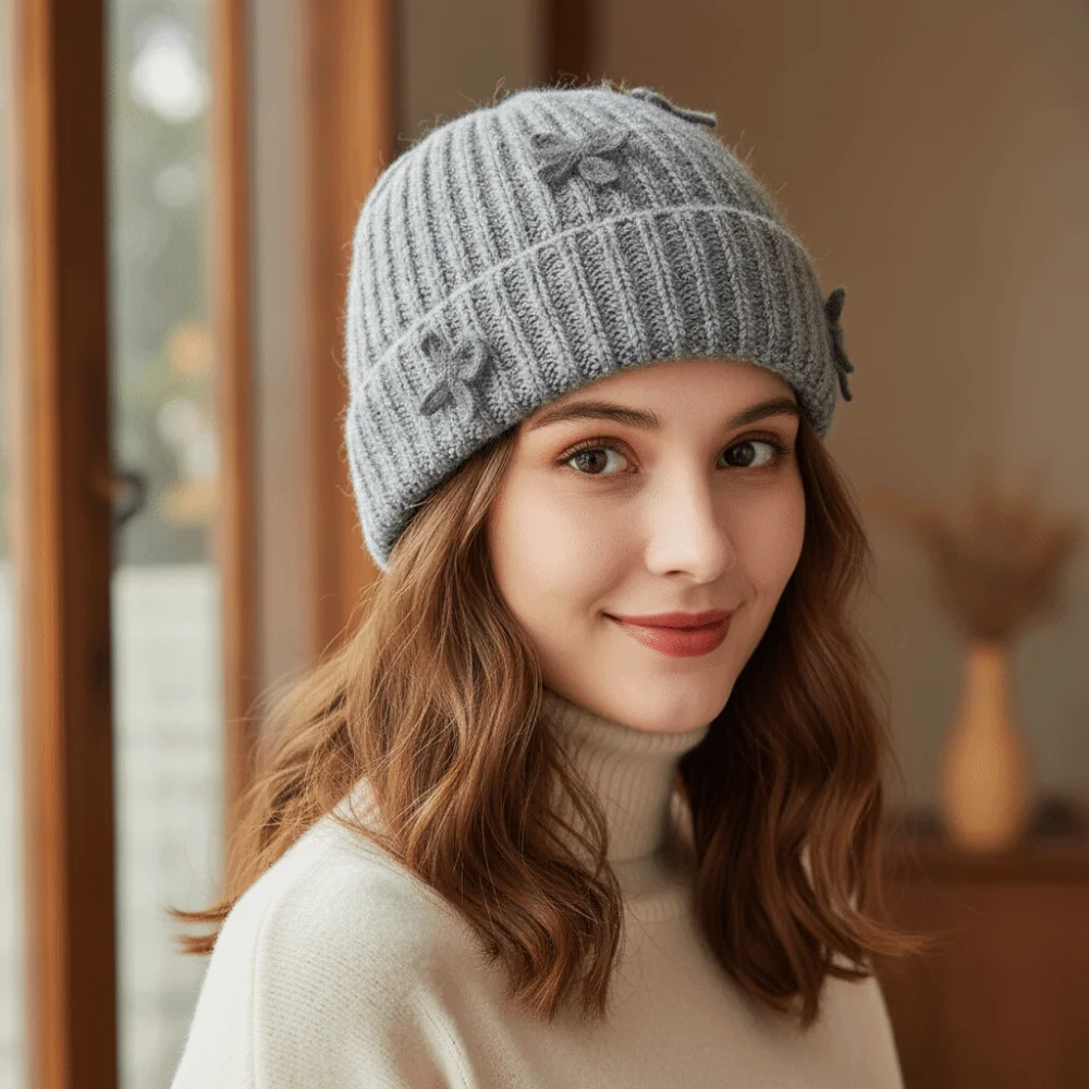 

Милая толстая вязаная шапка-бини с бантом, шерстяной пуловер в корейском стиле, теплая однотонная корейская милая шапка с бантом для девочек