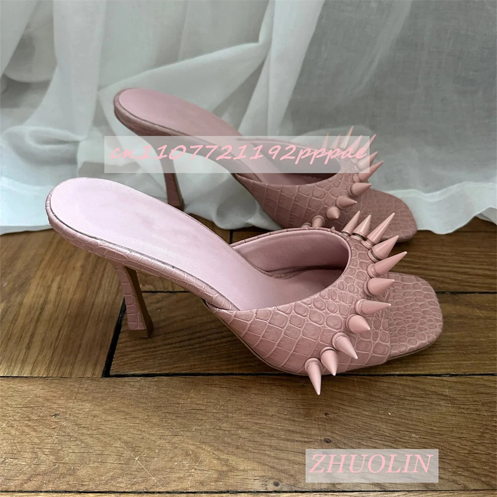 

Ladies' Pink Studded Square Toe Shoes Summer Stone Pattern Shallow Mouth Low Heel Slippers Elegant Party Luxurious High Heels 43