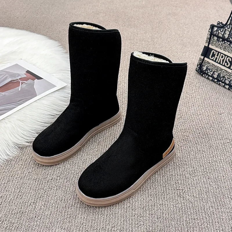 2024 New Shoes for Women Slip on Women\' Boots Winter Round Toe Solid Flock Plush Warm Comfortable Low-heeled Mid Calf Snow Boots