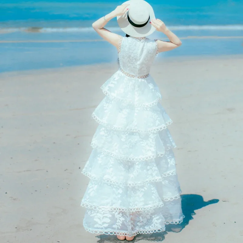 Women's Long Dress Lace Embroidery Cutout White Party Dress Long Cake Dress White Princess Birthday Party Holiday JJ620