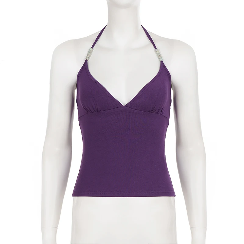 SUCHCUTE Sexy tief ausgeschnittenes Neckholder-Top mit Perlen für Damen, Basic, ärmellos, schmal geschnittenes Tanktop, Y2k-Mode, Cami-Top, Sommerkleidung, lässig – Detail 4