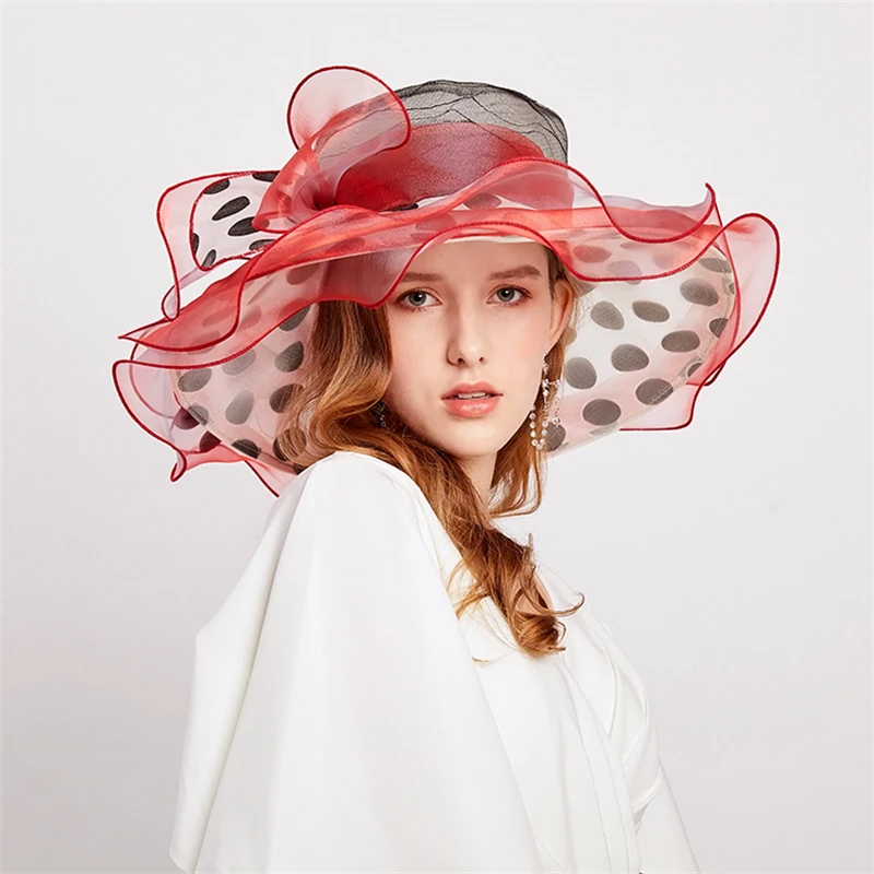 

Women Summer Hat Black Dot Pattern Ruffle Organza Hat Big Brim Ladies Foldable Sun Beach Hat Party Wedding Race Derby Dress Hat