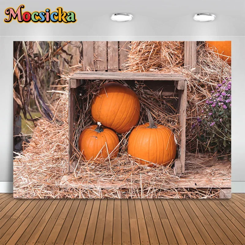 Mocsicka Autumn Photography Background Pumpkin Barn Straw Floral Decor Backdrop Harvest Holiday Birthday Party Photo Studio