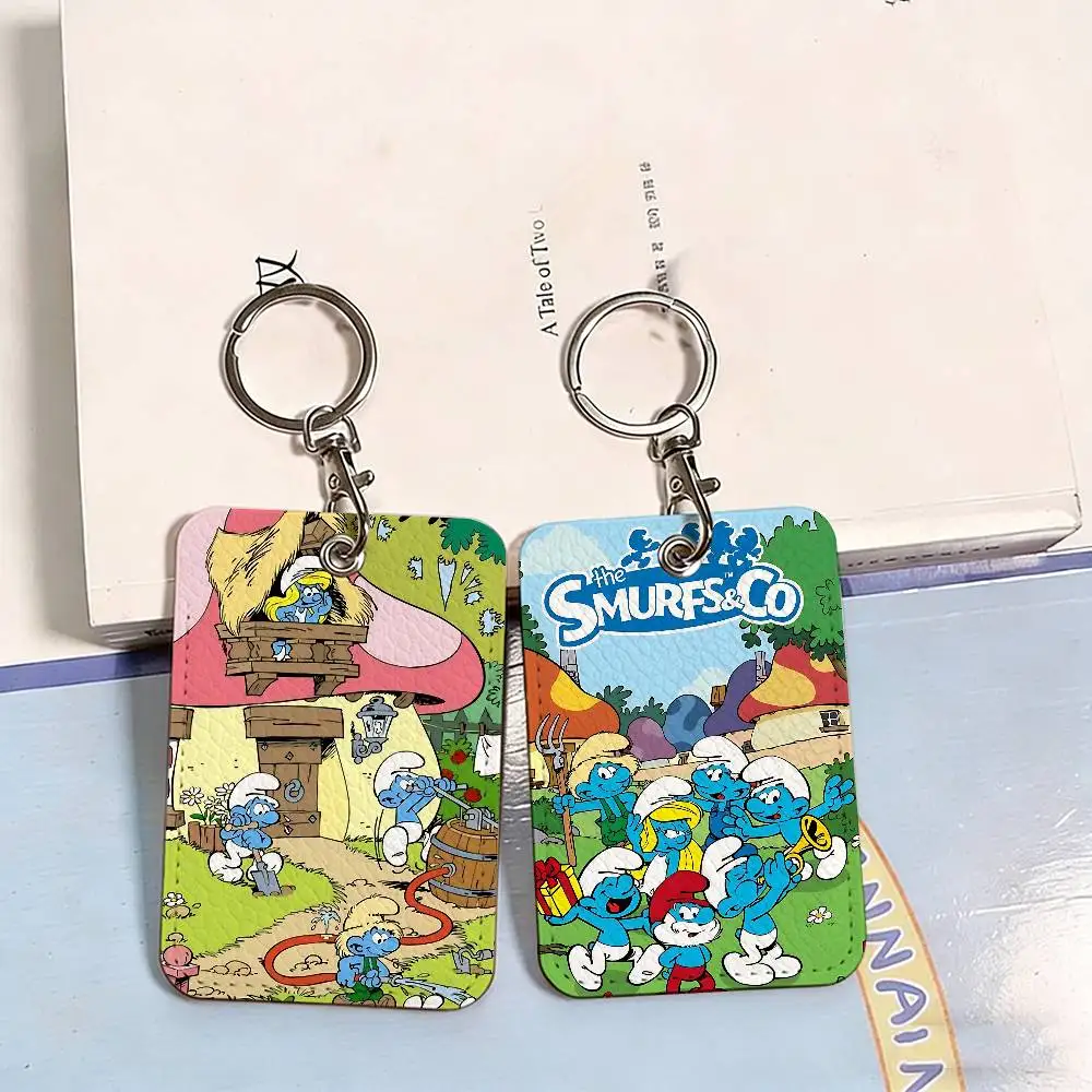 Cartoon S-Smurfs Rectangle ID Card Case Keychain Access Card Bag Key Tag Ring Leather Card Holder Key Ring Access