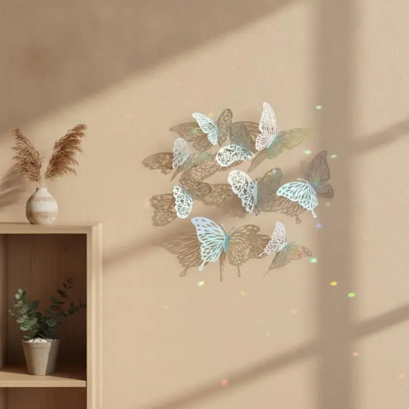 12 Stück Holographische 3D-Schmetterlings-Wandaufkleber, Hohl Geschnitzte Irisierend Glänzende Sticker für Heimdekoration, Kinderzimmer, Hochzeit, Party – Detail 12