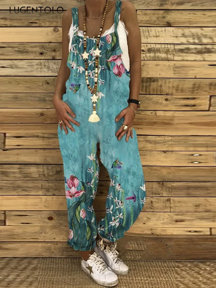 Lugentolo Women Overalls Summer Jumpsuits Thin Vintage Sweet Print Suspenders Loose Female Casual New Straight-leg Pants