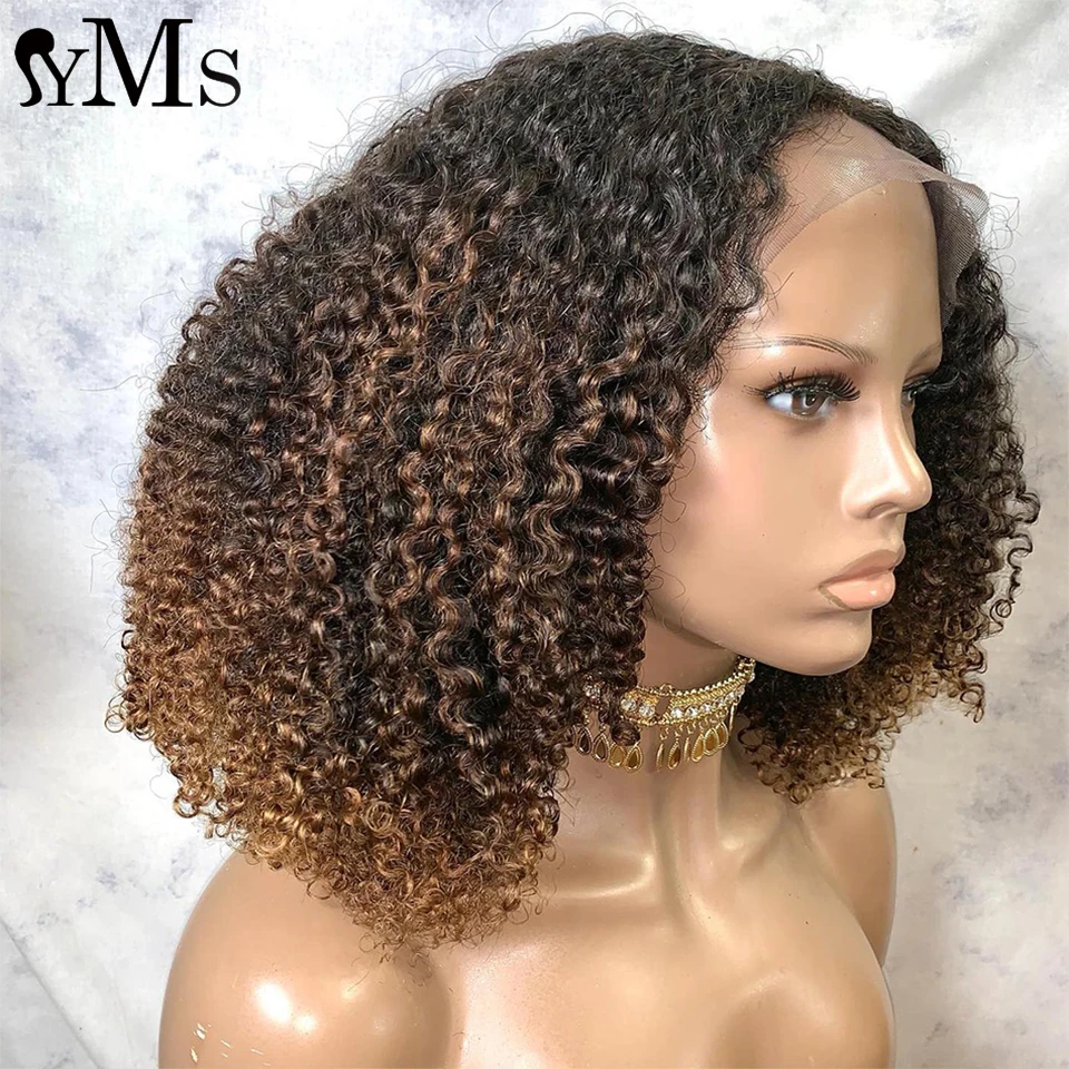 Ombre Brown Mogolian Kinky Curly Bob Wig YMS Brown Colored 3B3C 13x4 Curly Lace Front Human Hair Wigs For Black Women Preplucked