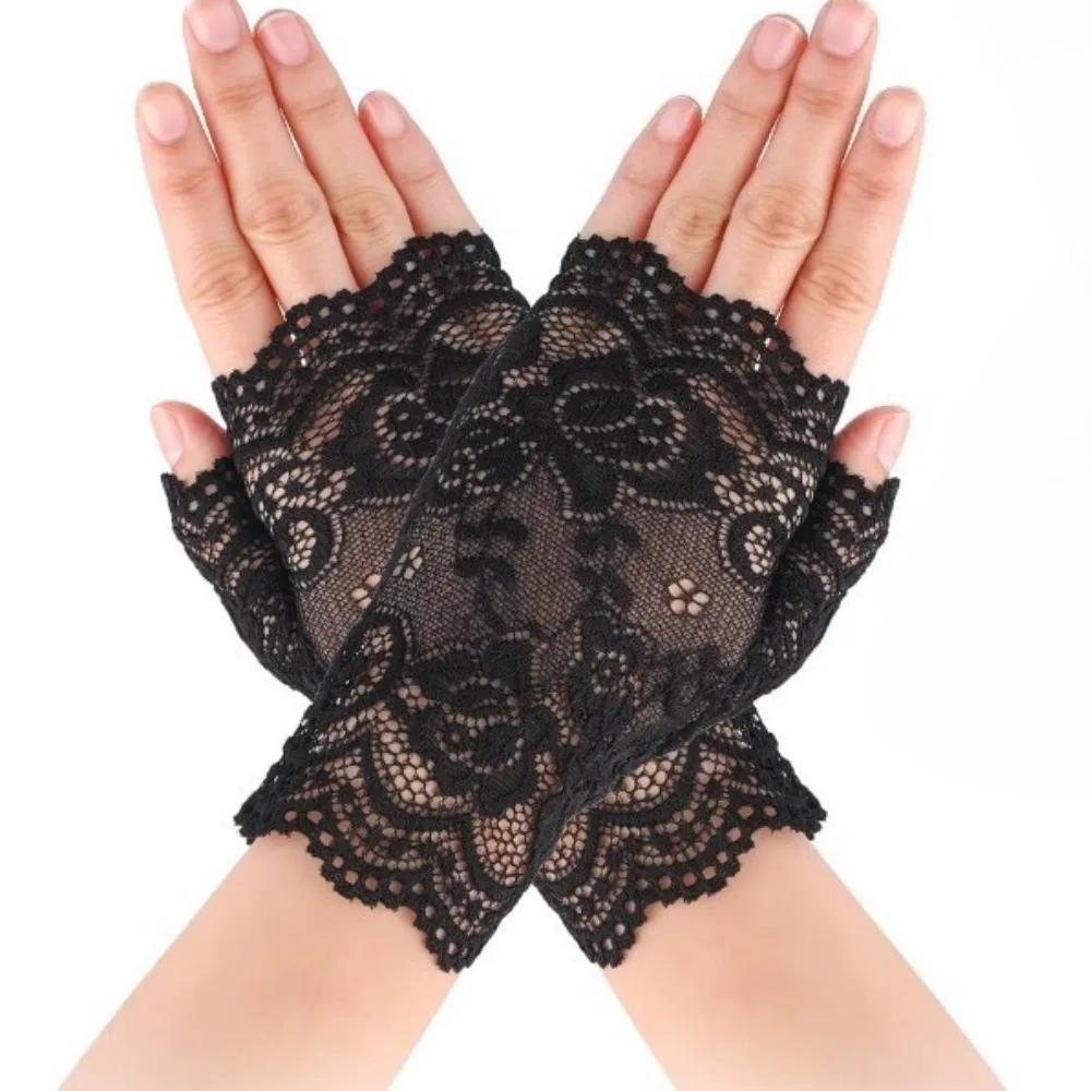 Black Fingerless Sexy Lace Gloves Women Sun Protection Gloves Women Driving Mittens for Bride Ladies Half Finger Fishnet Gloves