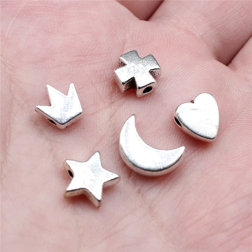 20 Stück glänzende Sterne Mond Kreuz Krone Herz Perlen für Schmuckherstellung Antik Silber Farbe DIY Handwerk machen Erkenntnisse
