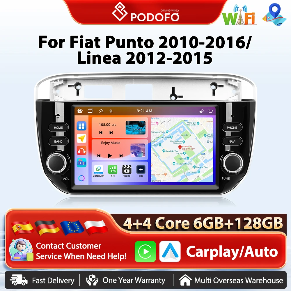 Odofo 7 ''6 + 128G Autoradio Carplay Android Auto Lettore multimediale per auto GPS Mirrorlink Autoradio per Fiat Punto 10-16/Linea 12-15